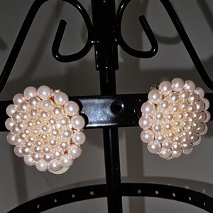 Faux Pearl Cluster Earrings - Clip On